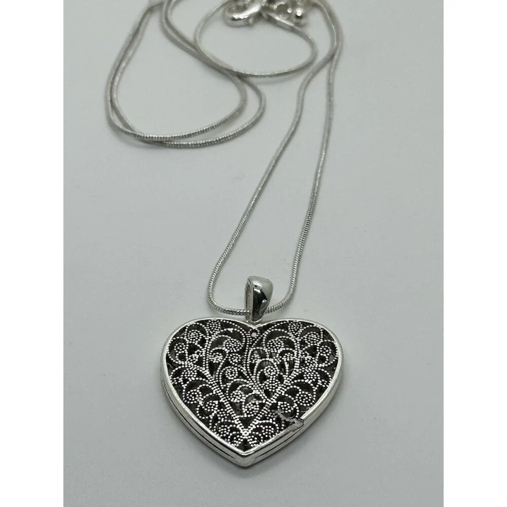 Filigree Heart Pendant Necklace Silver Tone Cottagecore Romantic
